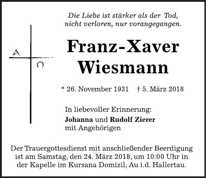 Traueranzeige Franz-Xaver Wiesmann