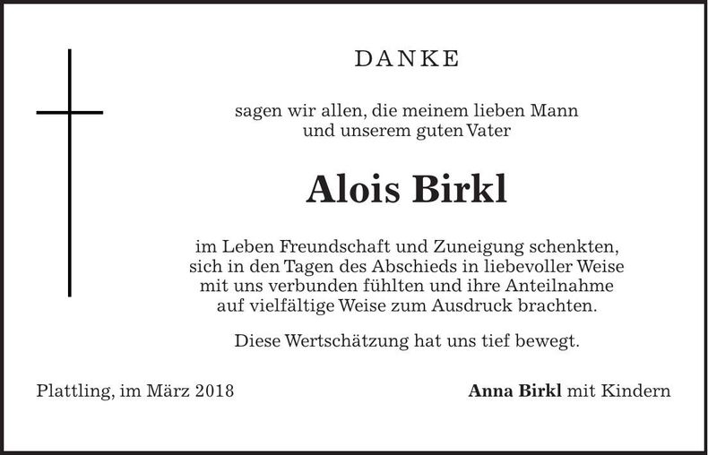 Traueranzeige Alois Birkl