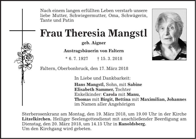 Traueranzeige Theresia Mangstl