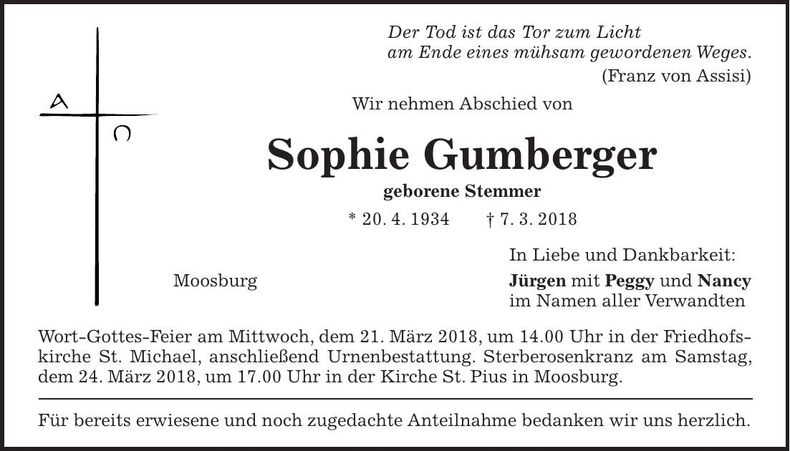 Traueranzeige Sophie Gumberger