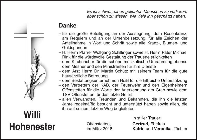 Traueranzeige Willi Hohenester