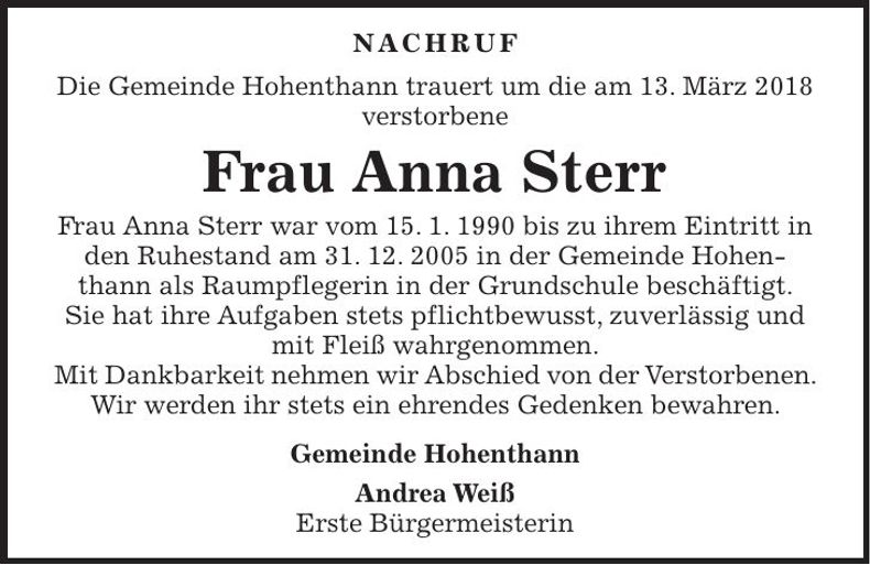Traueranzeige Anna Sterr