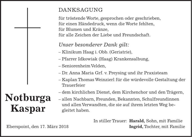Traueranzeige Notburga Kaspar