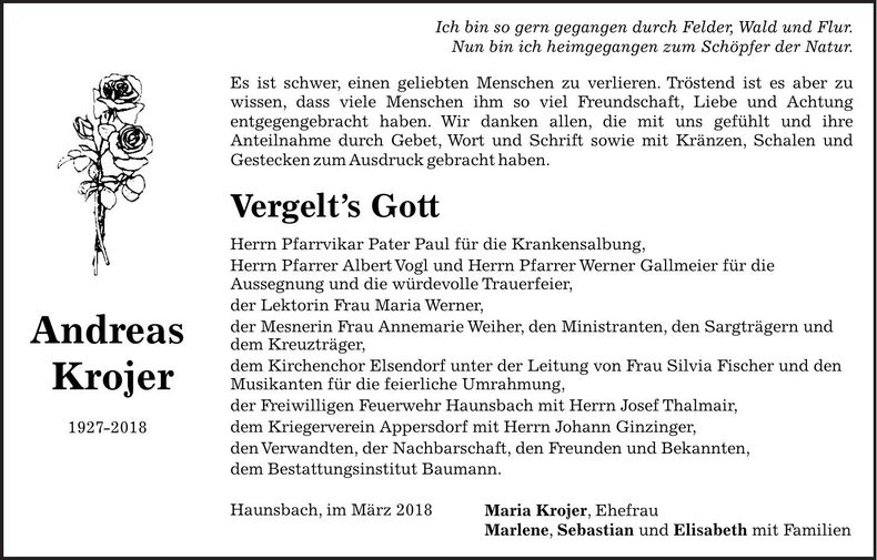 Traueranzeige Andreas Krojer