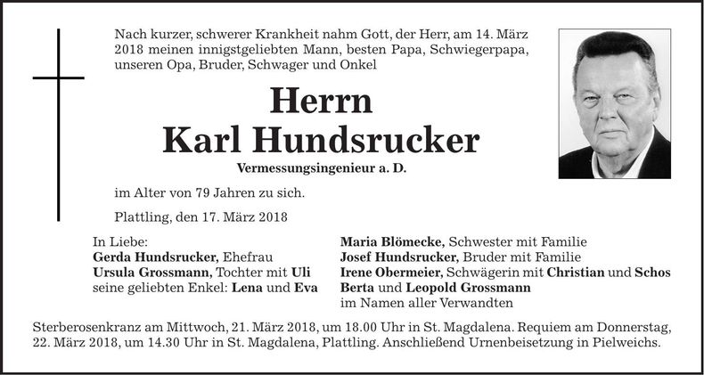Traueranzeige Karl Hundsrucker