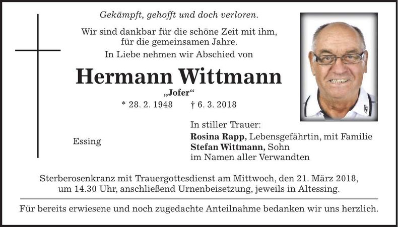 Traueranzeige Hermann Wittmann