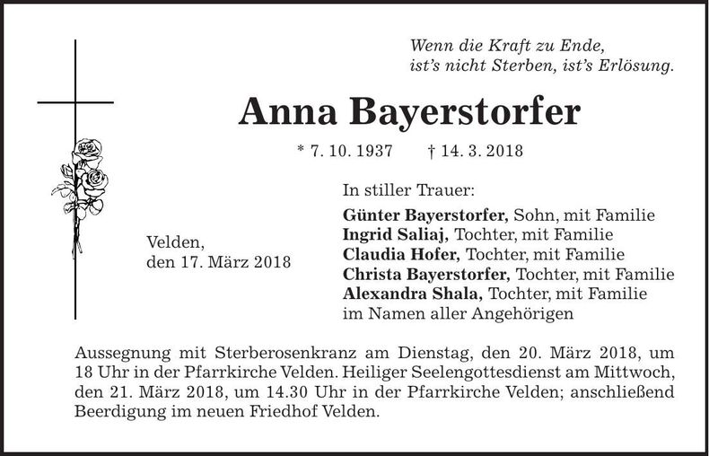 Traueranzeige Anna Bayerstorfer