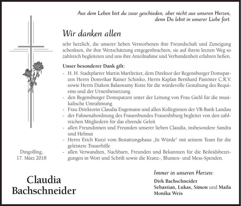 Traueranzeige Claudia Bachschneider