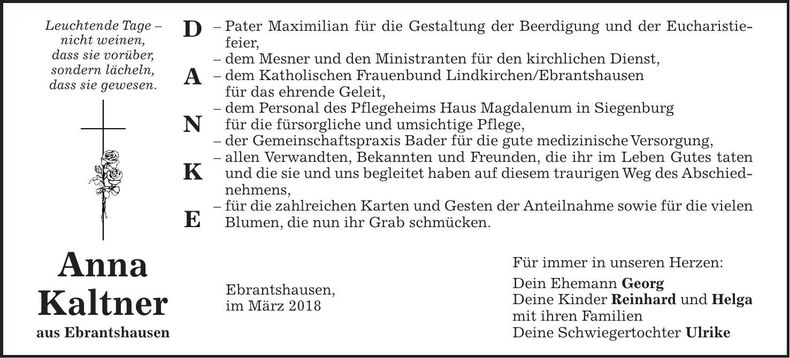 Traueranzeige Anna Kaltner