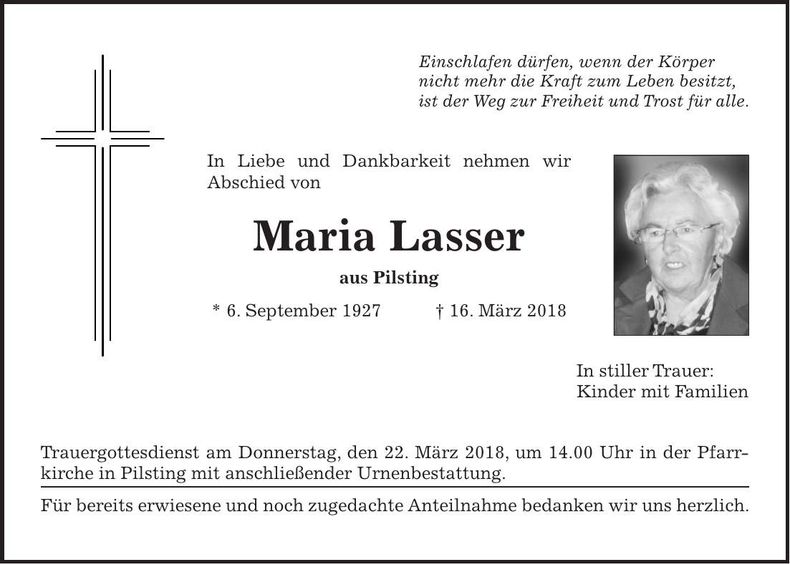 Traueranzeige Maria Lasser