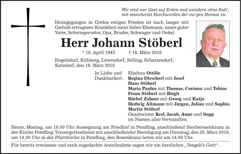 Traueranzeige Johann Stöberl