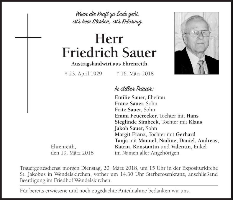 Traueranzeige Friedrich Sauer