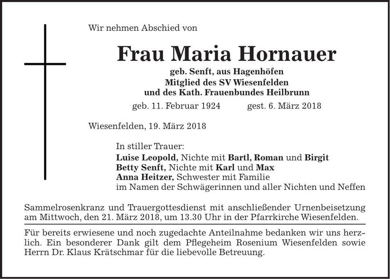 Traueranzeige Maria Hornauer