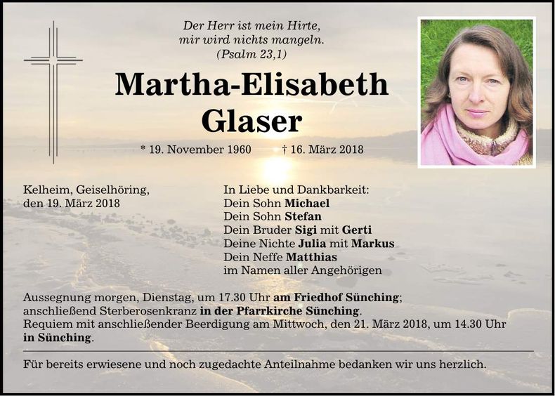 Traueranzeige Martha-Elisabeth Glaser