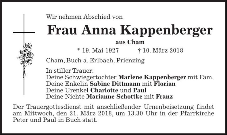 Traueranzeige Anna Kappenberger