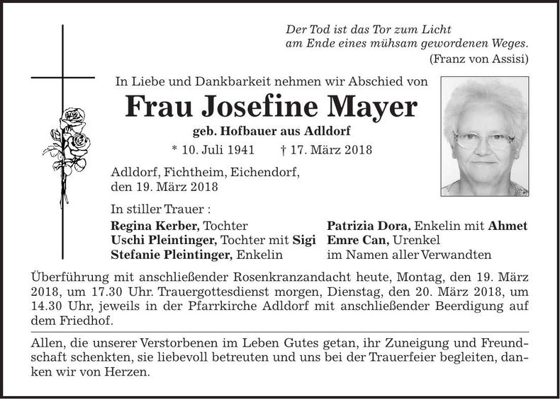 Traueranzeige Josefine Mayer