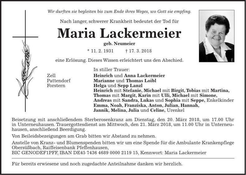 Traueranzeige Maria Lackermeier