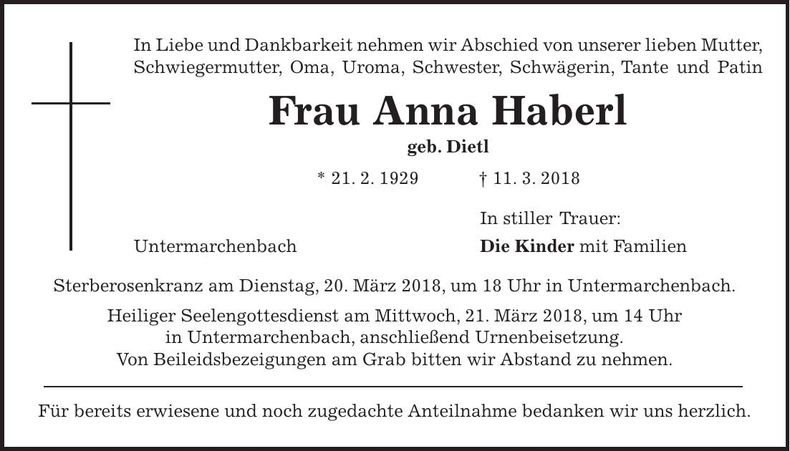 Traueranzeige Anna Haberl