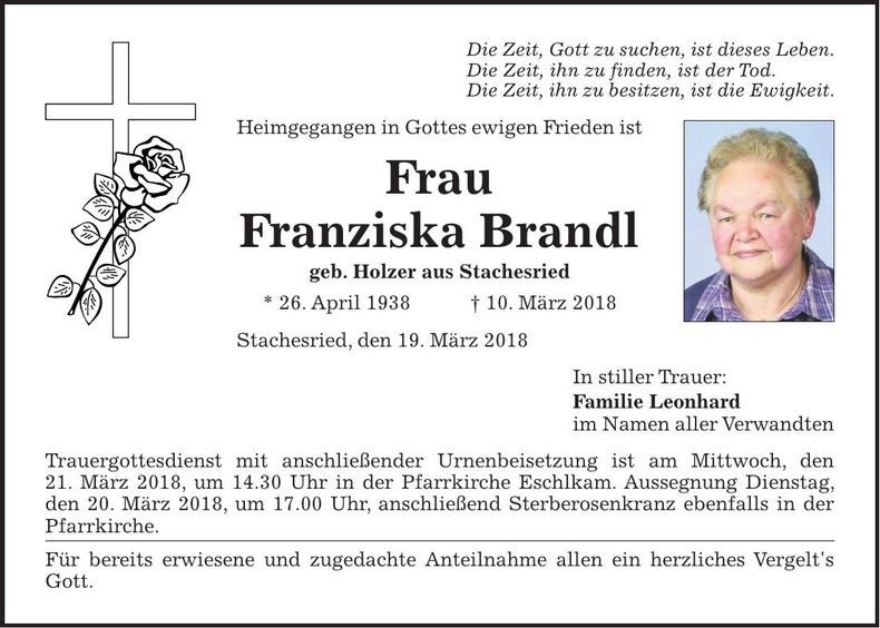 Traueranzeige Franziska Brandl