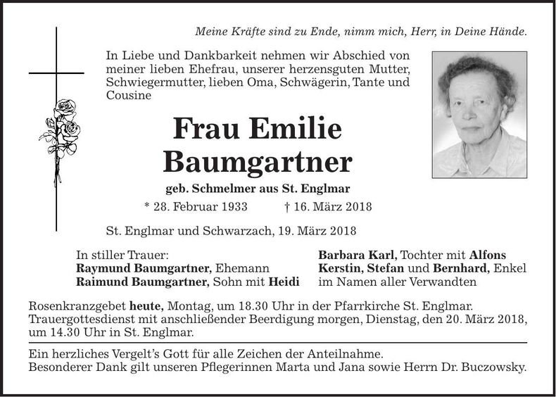 Traueranzeige Emilie Baumgartner