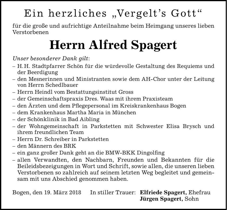 Traueranzeige Alfred Spagert