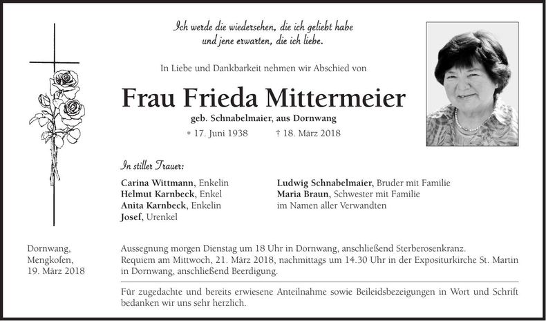 Traueranzeige Frieda Mittermeier