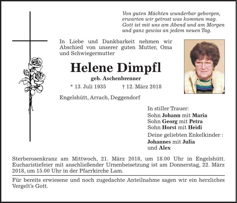 Traueranzeige Helene Dimpfl