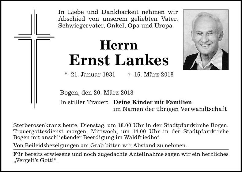 Traueranzeige Ernst Lankes