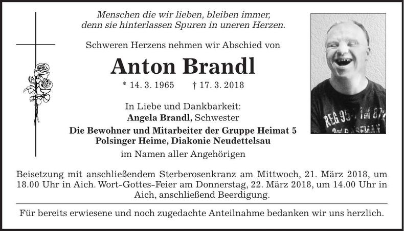 Traueranzeige Anton Brandl
