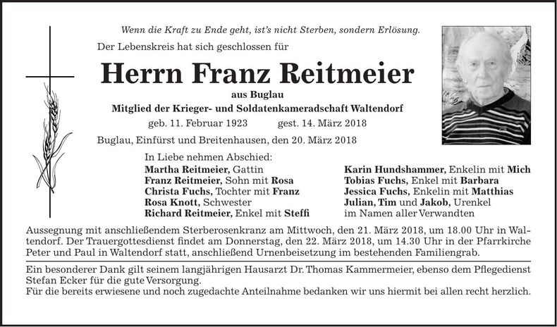 Traueranzeige Franz Reitmeier