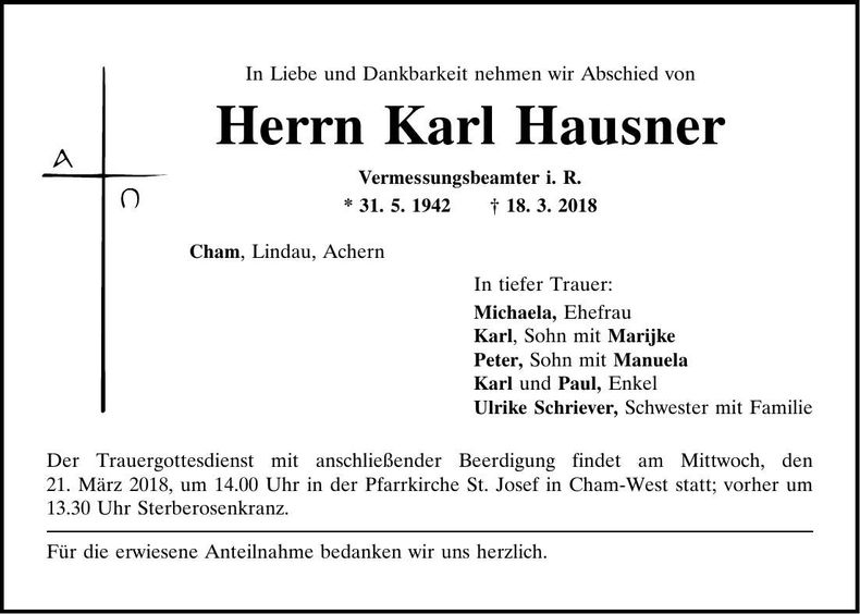 Traueranzeige Karl Hausner