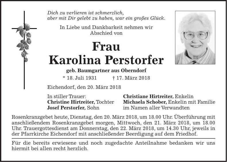 Traueranzeige Karolina Persorfer
