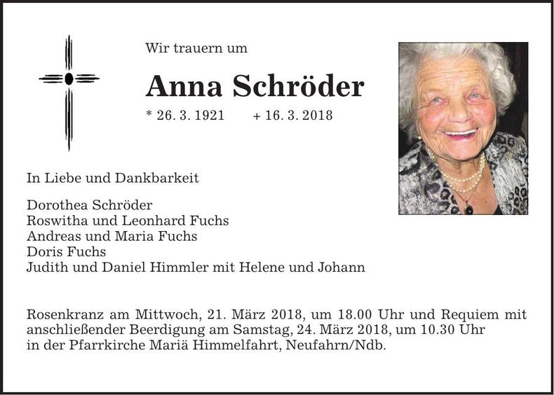 Traueranzeige Anna Schröder