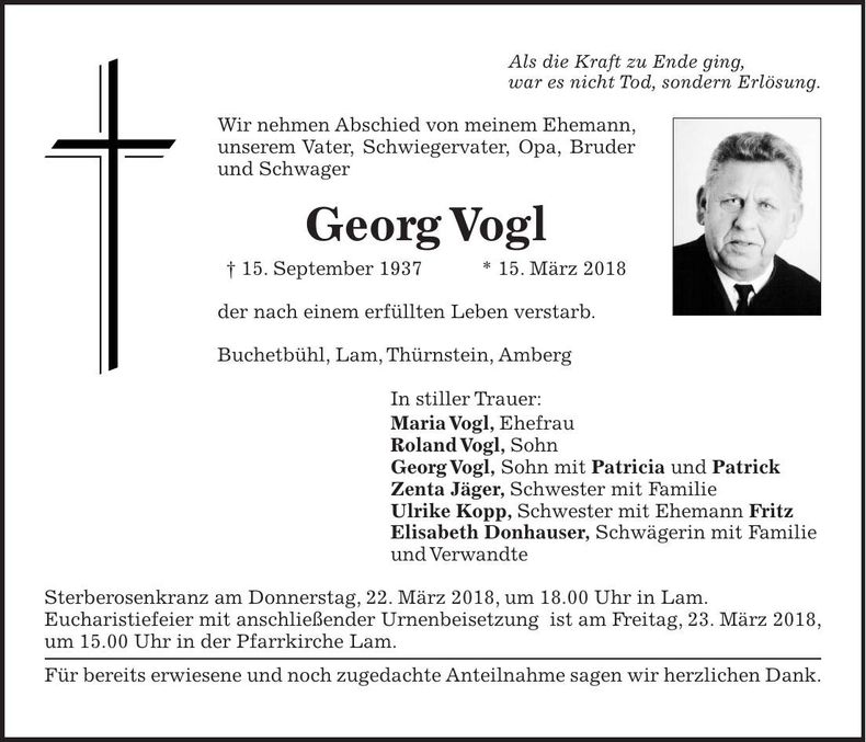Traueranzeige Georg Vogl