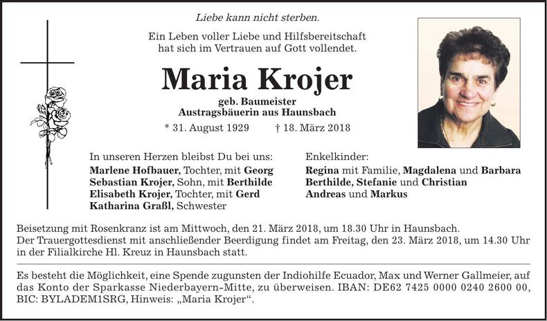 Traueranzeige Maria Krojer