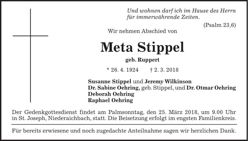 Traueranzeige Meta Stippel
