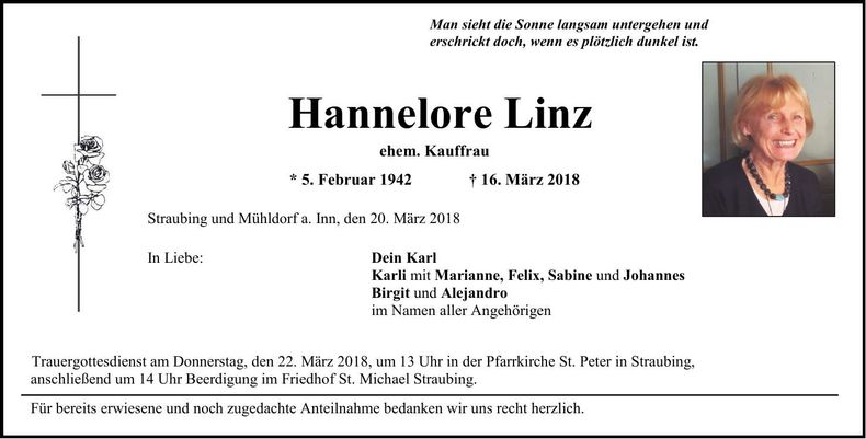 Traueranzeige Hannelore Linz