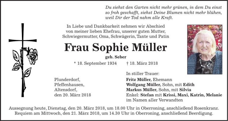 Traueranzeige Sophie Müller