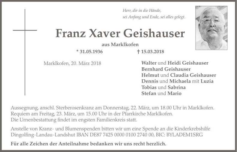 Traueranzeige Franz Xaver Geishauser