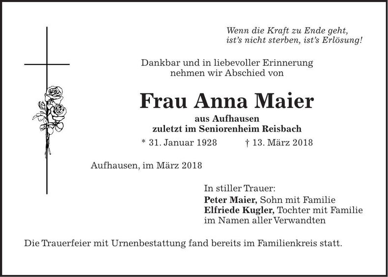 Traueranzeige Anna Maier