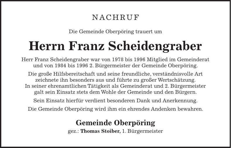 Traueranzeige Franz Schneidengraber