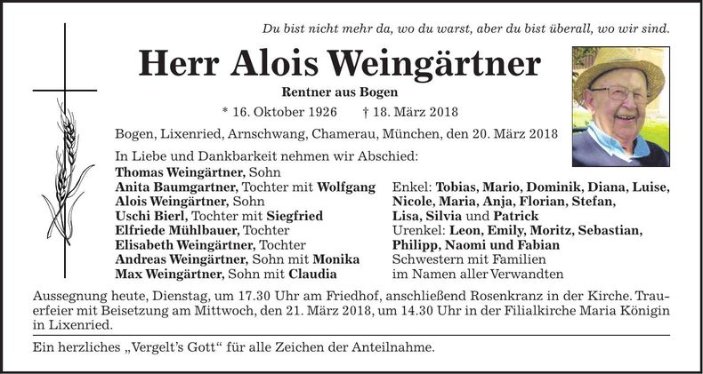 Traueranzeige Alois Weingärtner