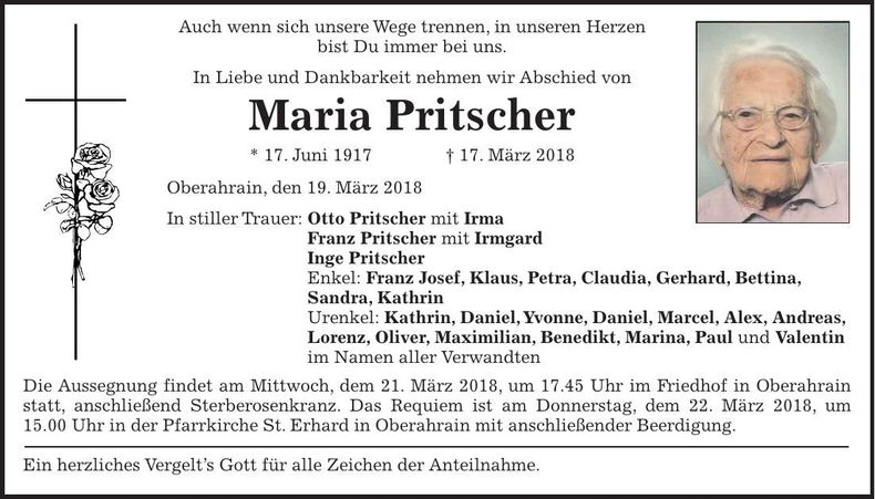 Traueranzeige Maria Pritscher