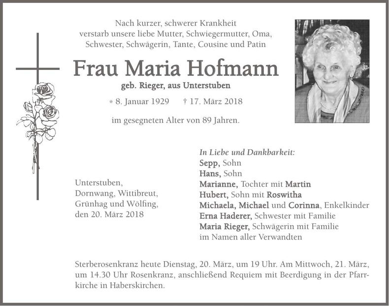 Traueranzeige Maria Hofamnn