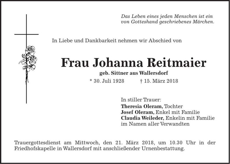 Traueranzeige Johanna Reitmaier