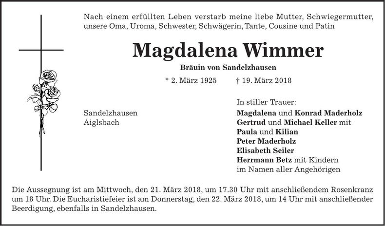 Traueranzeige Magdalena Wimmer