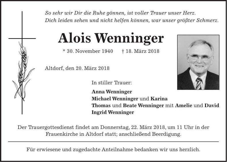 Traueranzeige Alois Wenninger