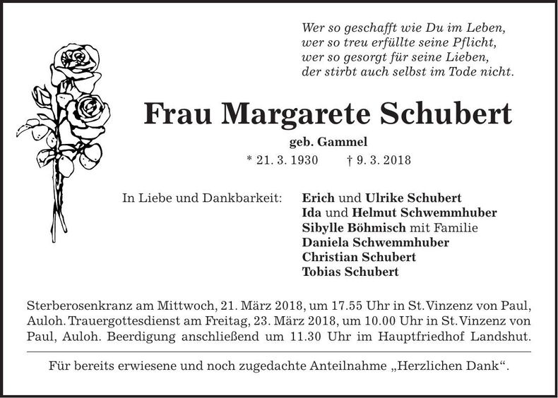 Traueranzeige Margarete Schubert