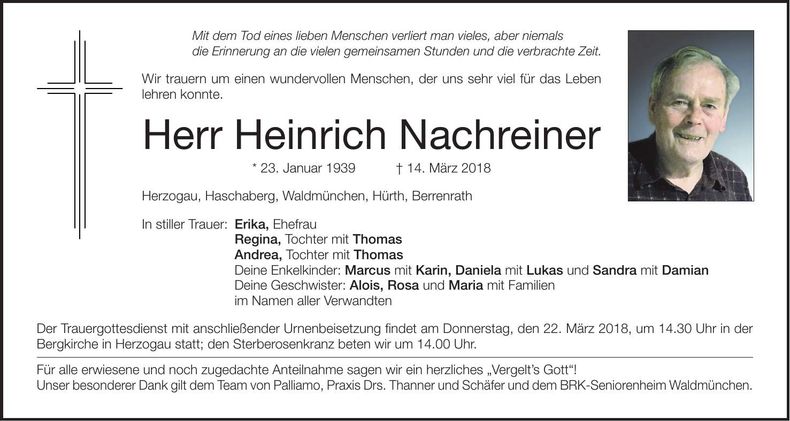 Traueranzeige Heinrich Nachreiner