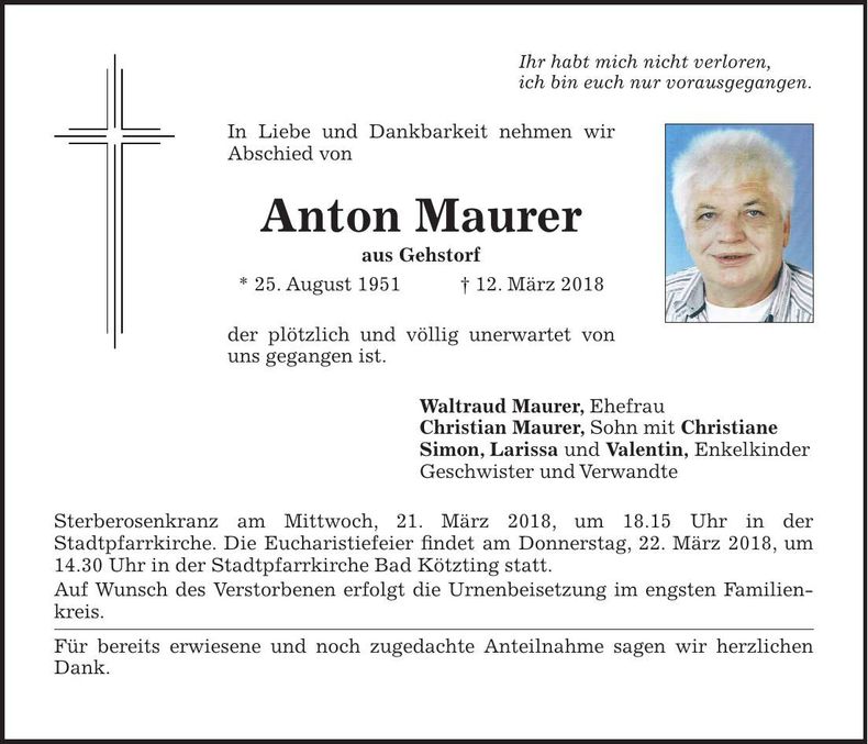 Traueranzeige Anton Maurer